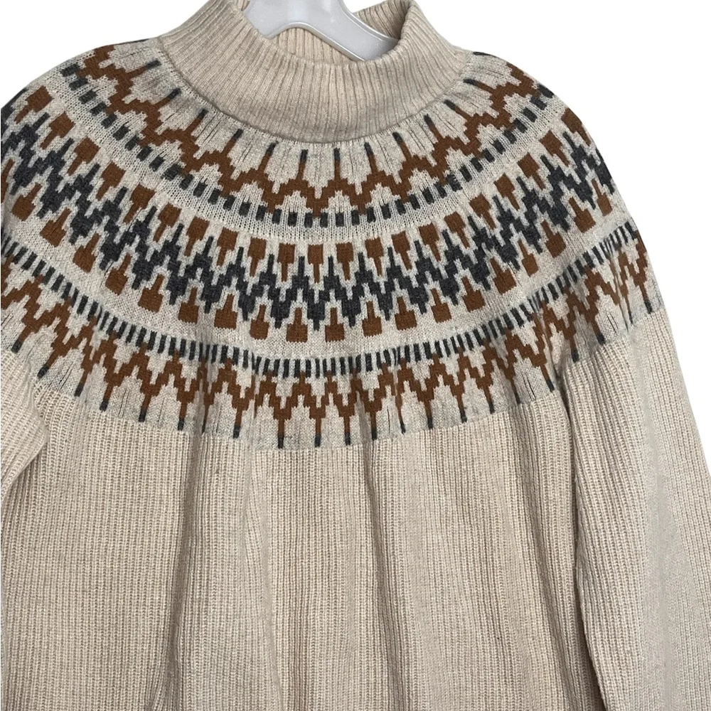 J. Crew Mock Neck Fair Isle Sweater Womens Lamb's Wool Blend Neutral Lodge